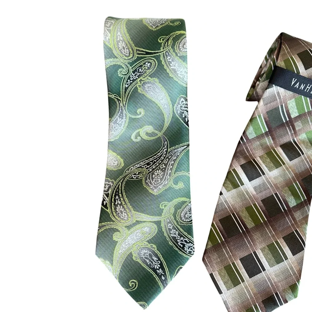 NWT New! Van Heusen Mens 100% Silk Ties - Green Paisley & Brown Plaid Set 2 ties